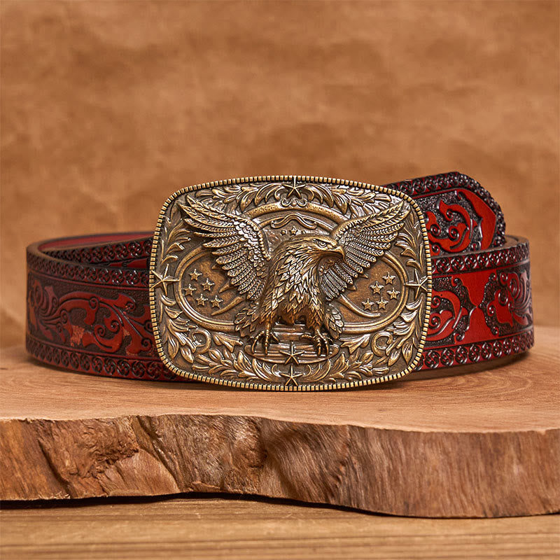 Men's Vintage Bronze 3D Eagle Buckle Leather Belt - Bronze - Brown Carved Belt - 42 - image 10