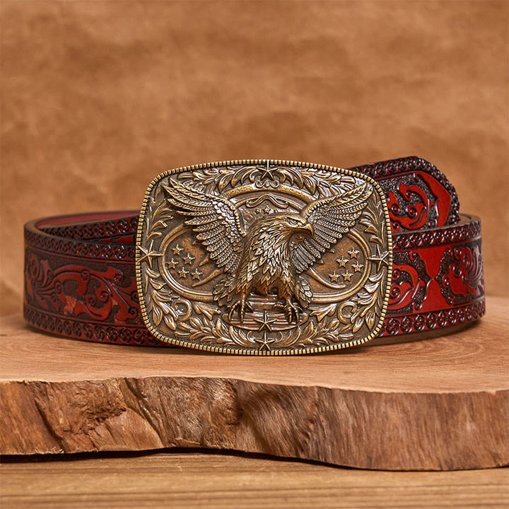 Men's Vintage Bronze 3D Eagle Buckle Leather Belt - Bronze - Brown Carved Belt - 42 - image 10
