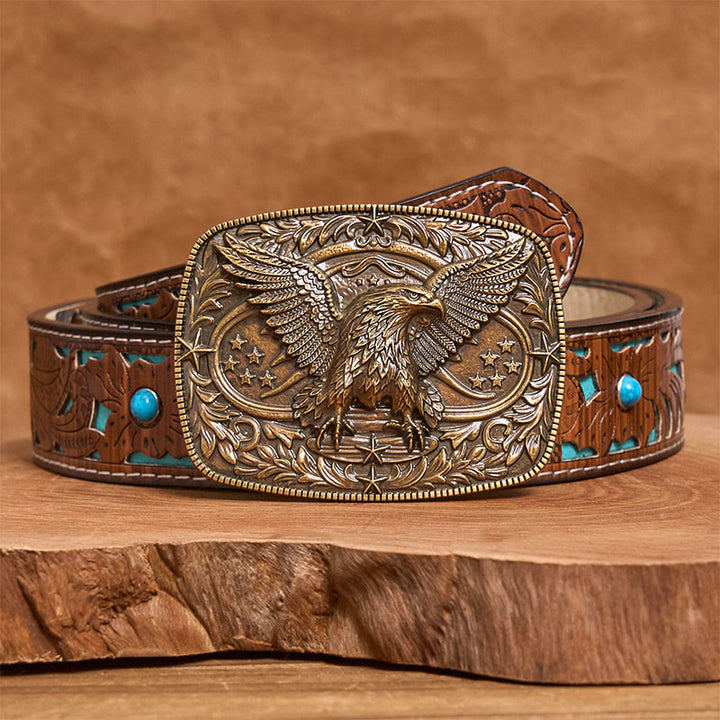 Men's Vintage Bronze 3D Eagle Buckle Leather Belt - Bronze - Turquoise Carved Belt - 42 - image 6