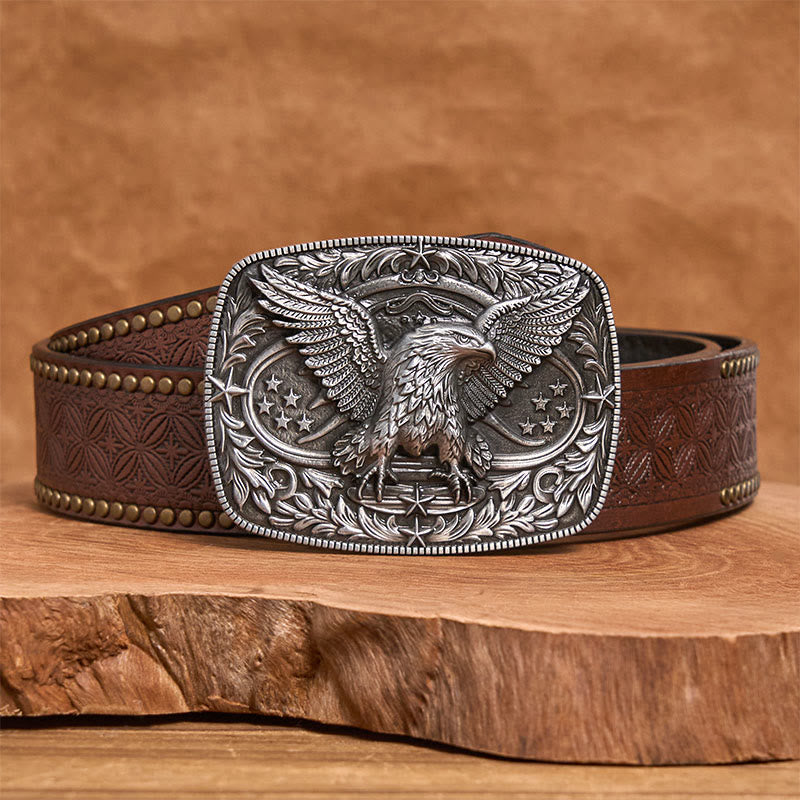 Men's Vintage Bronze 3D Eagle Buckle Leather Belt - Silver - Brown Rivet Belt - 42 - image 9