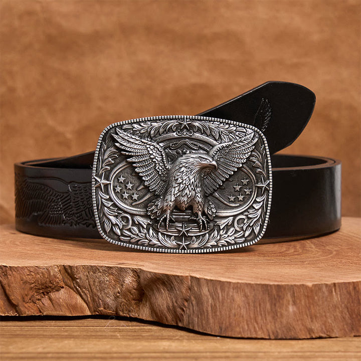 Men's Vintage Bronze 3D Eagle Buckle Leather Belt - Silver - Black Embossed Eagle Belt - 42 - image 5