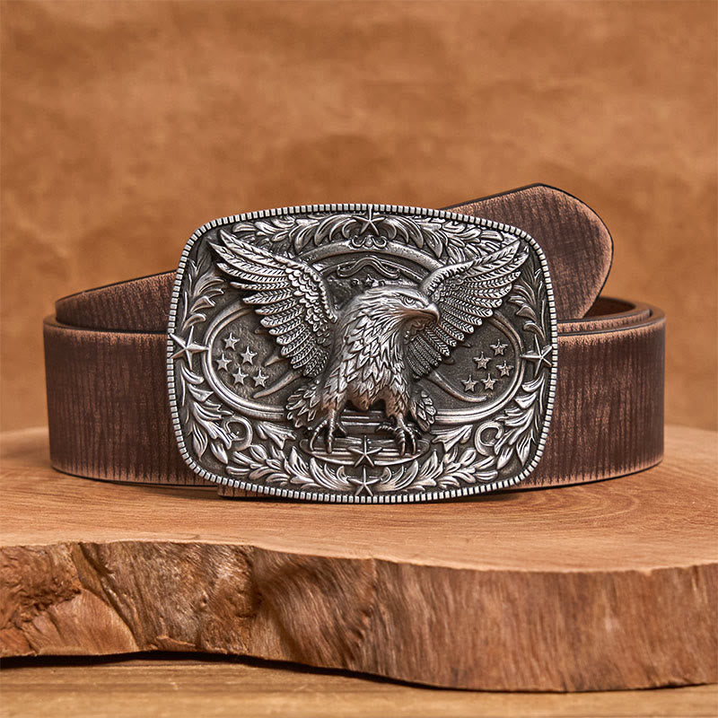 Men's Vintage Bronze 3D Eagle Buckle Leather Belt - Silver - Brown Distressed Belt - 42 - image 11