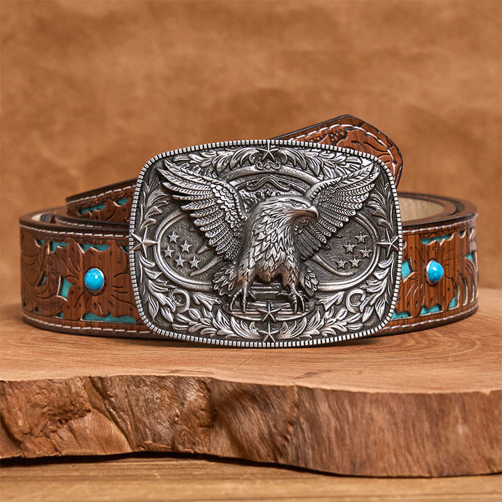 Men's Vintage Bronze 3D Eagle Buckle Leather Belt - Silver - Turquoise Carved Belt - 42 - image 5