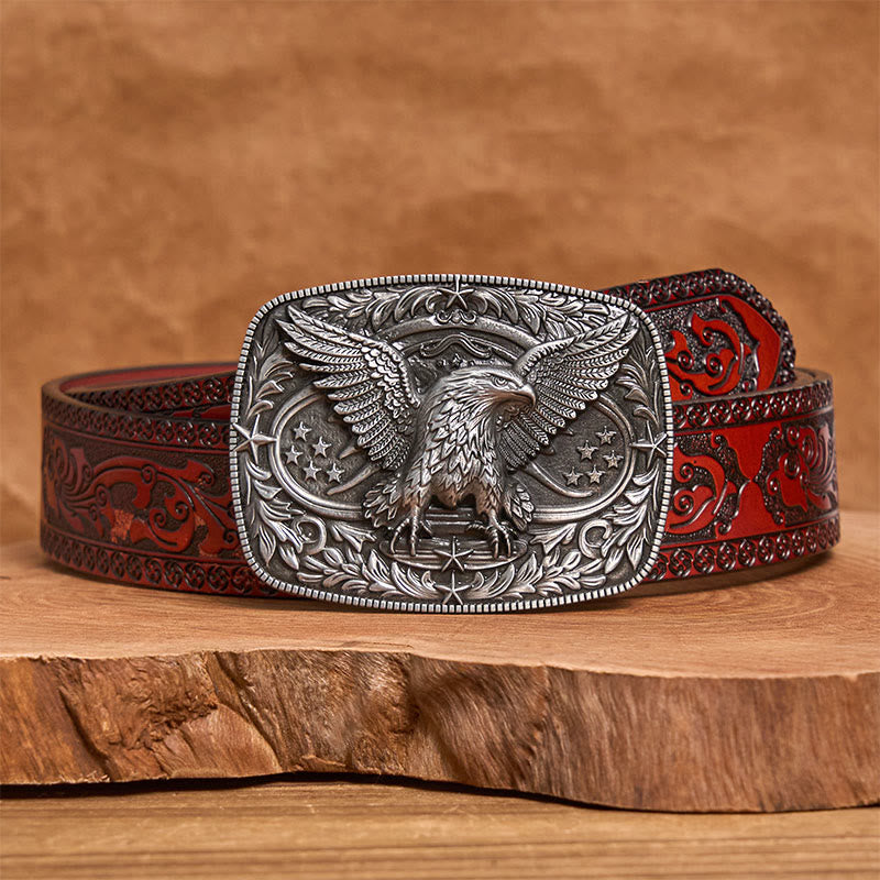 Men's Vintage Bronze 3D Eagle Buckle Leather Belt - Silver - Brown Carved Belt - 42 - image 13