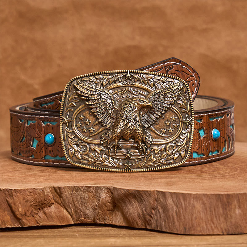 Men's Vintage Bronze 3D Eagle Buckle Leather Belt - Bronze - Turquoise Carved Belt - 42 - image 4