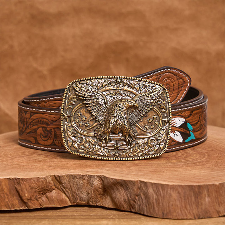 Men's Vintage Bronze 3D Eagle Buckle Leather Belt - Bronze - Brown Feather Belt - 40 - image 14