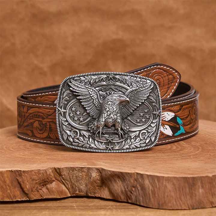 Men's Vintage Bronze 3D Eagle Buckle Leather Belt - Silver - Brown Feather Belt - 40 - image 13