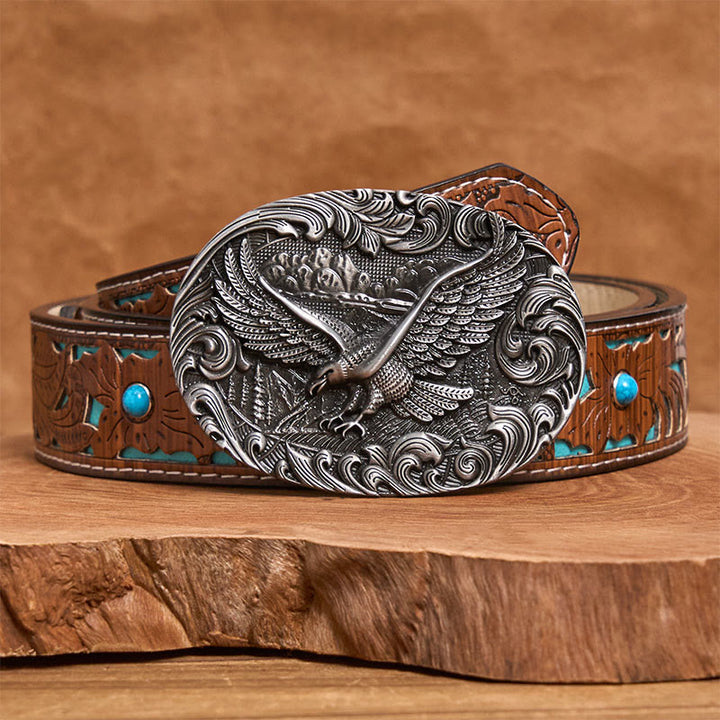 Men's Western Flying Eagle Embossed Buckle Leather Belt - Silver - Turquoise Carved Belt - 42 - image 6