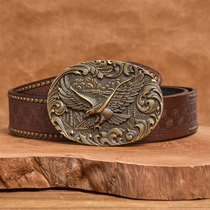 Men's Western Flying Eagle Embossed Buckle Leather Belt - Bronze - Brown Rivet Belt - 42 - image 9