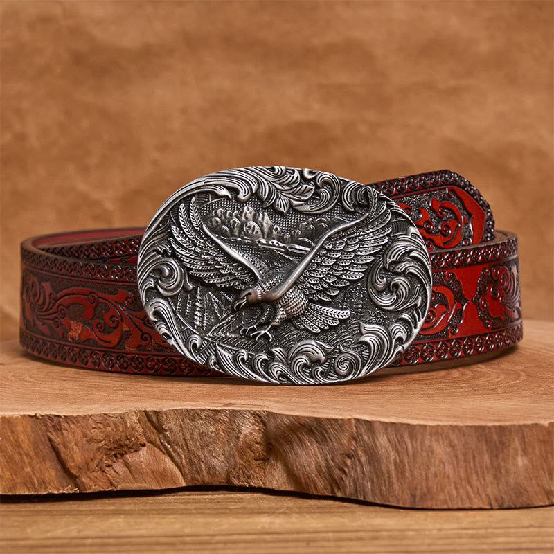 Men's Western Flying Eagle Embossed Buckle Leather Belt - Silver - Brown Carved Belt - 42 - image 12