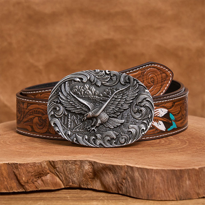 Men's Western Flying Eagle Embossed Buckle Leather Belt - Silver - Brown Feather Belt - 40 - image 14