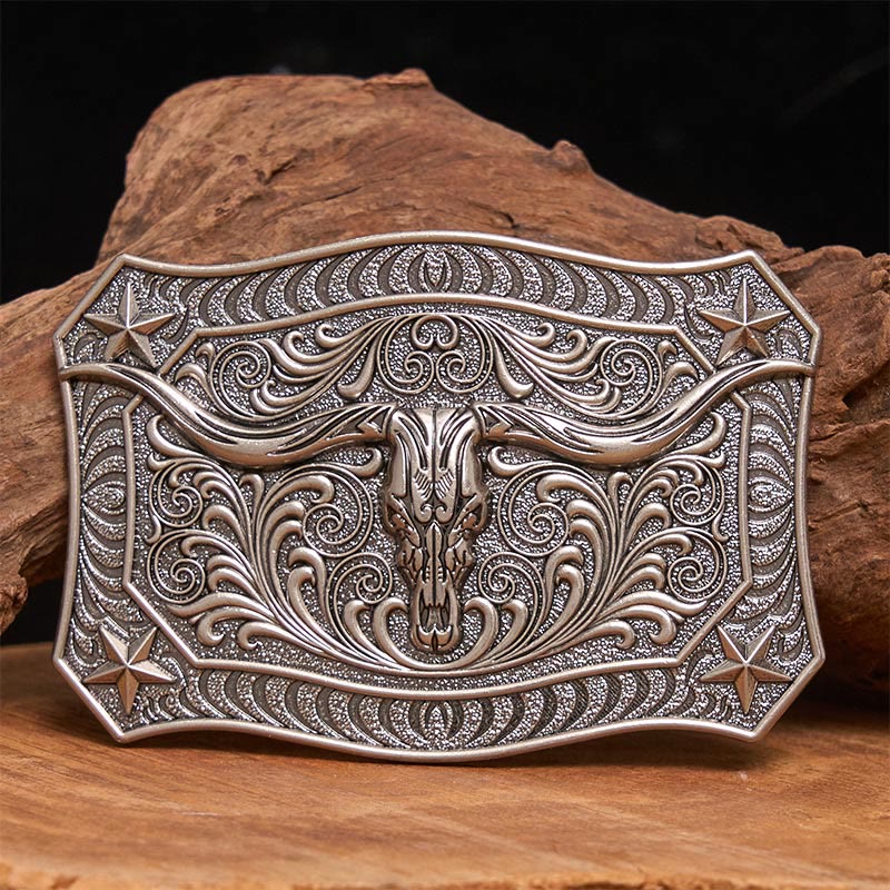 Men's Western Longhorn Skull Ornate Buckle Leather Belt - Silver - Without Belt - Not Included Belt - image 2