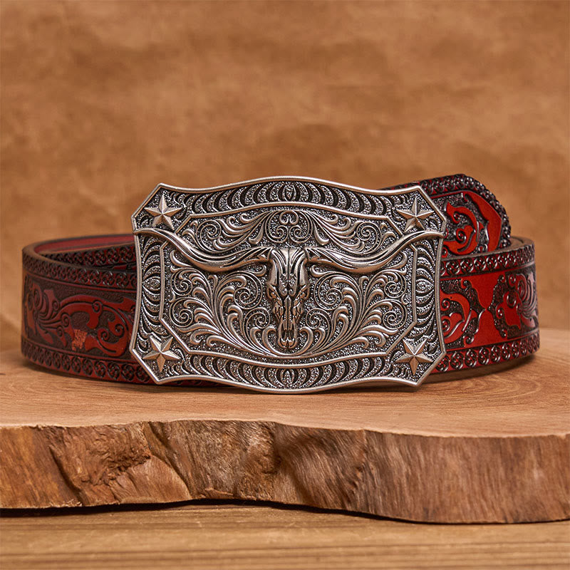 Men's Western Longhorn Skull Ornate Buckle Leather Belt - Silver - Brown Carved Belt - 42 - image 13