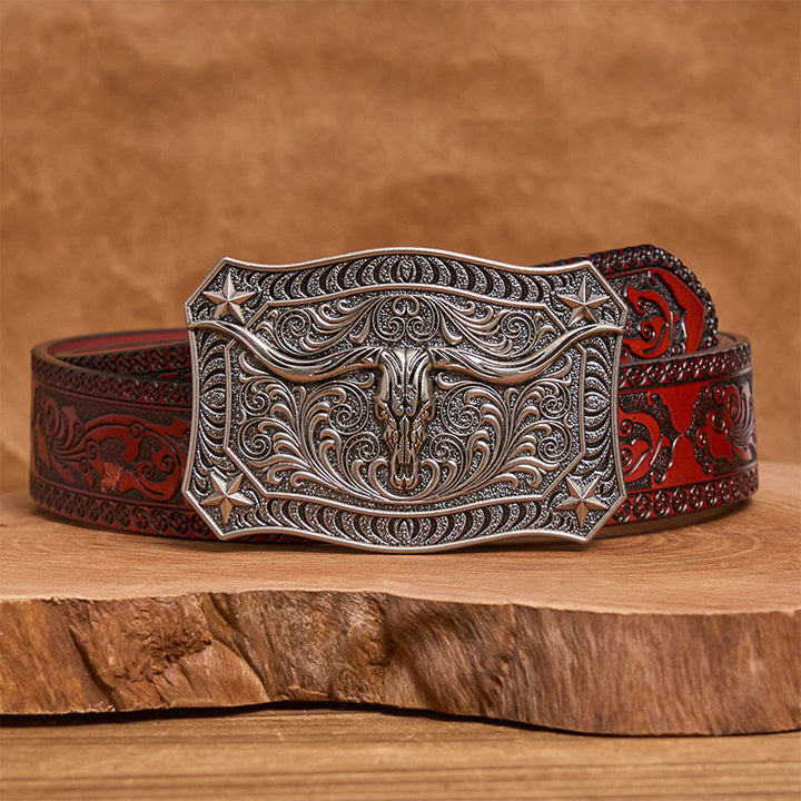 Men's Western Longhorn Skull Ornate Buckle Leather Belt - Silver - Brown Carved Belt - 42 - image 13