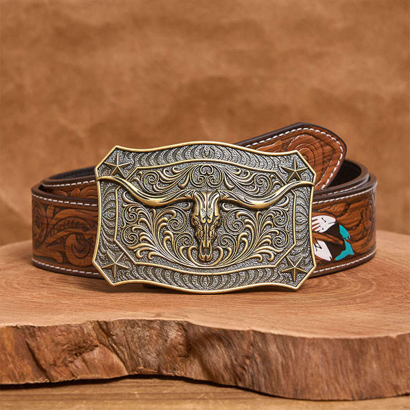 Men's Western Longhorn Skull Ornate Buckle Leather Belt - Bronze - Brown Feather Belt - 40 - image 14