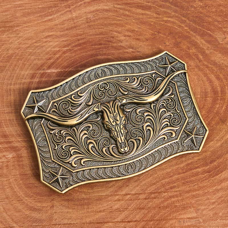 Men's Western Longhorn Skull Ornate Buckle Leather Belt - image 1