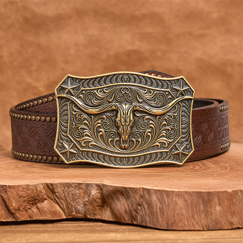 Men's Western Longhorn Skull Ornate Buckle Leather Belt - Bronze - Brown Rivet Belt - 42 - image 8