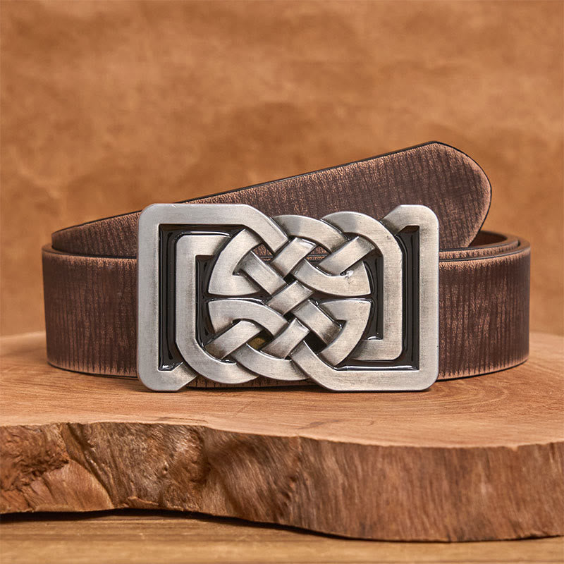 Celtic Knot Style Metal Buckle Leather Belt - Brown Distressed Belt - 42 - image 5