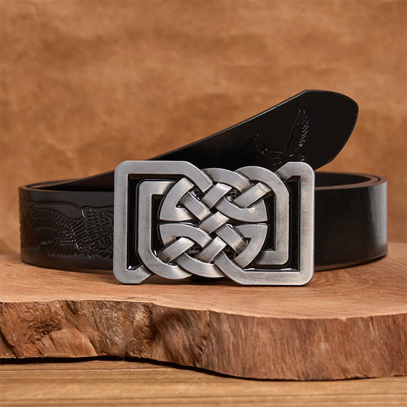 Celtic Knot Style Metal Buckle Leather Belt - Black Embossed Eagle Belt - 42 - image 2