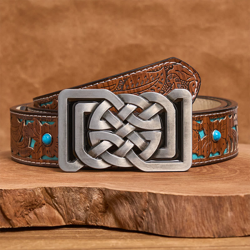 Celtic Knot Style Metal Buckle Leather Belt - Turquoise Carved Belt - 42 - image 3