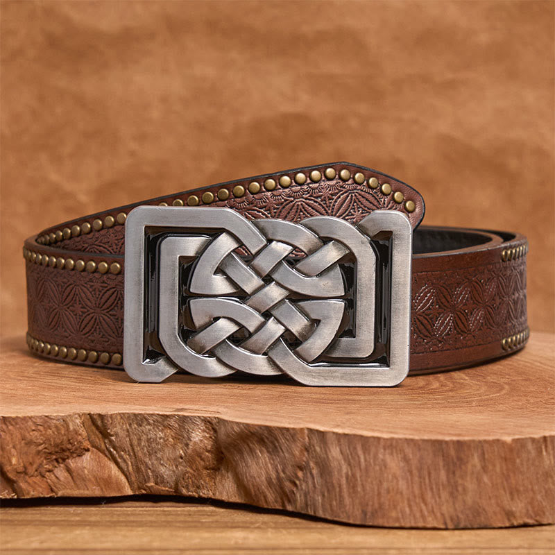 Celtic Knot Style Metal Buckle Leather Belt - Brown Rivet Belt - 42 - image 4