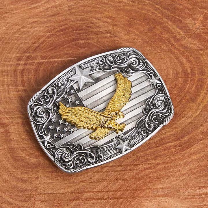 Men's Golden Eagle American Flag Stars Buckle Leather Belt - image 1