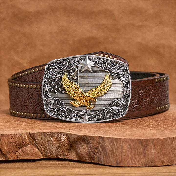 Men's Golden Eagle American Flag Stars Buckle Leather Belt - Brown Rivet Belt - 42 - image 4