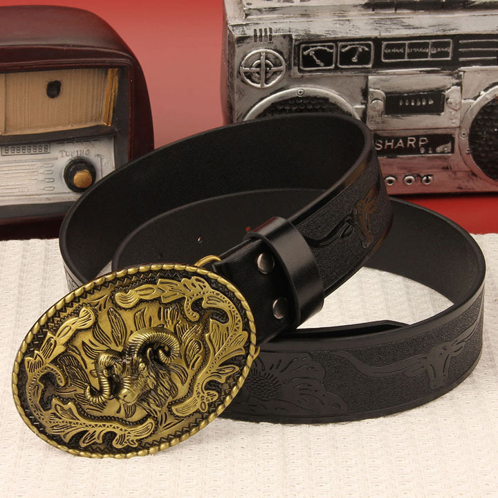 Men's Retro Ram Head Emblem Leather Belt - Style #1 - 42 - image 0