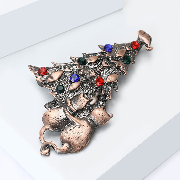 Festive Enamel Christmas Tree with Cat and Fish Dual-Tone Brooch - image 6
