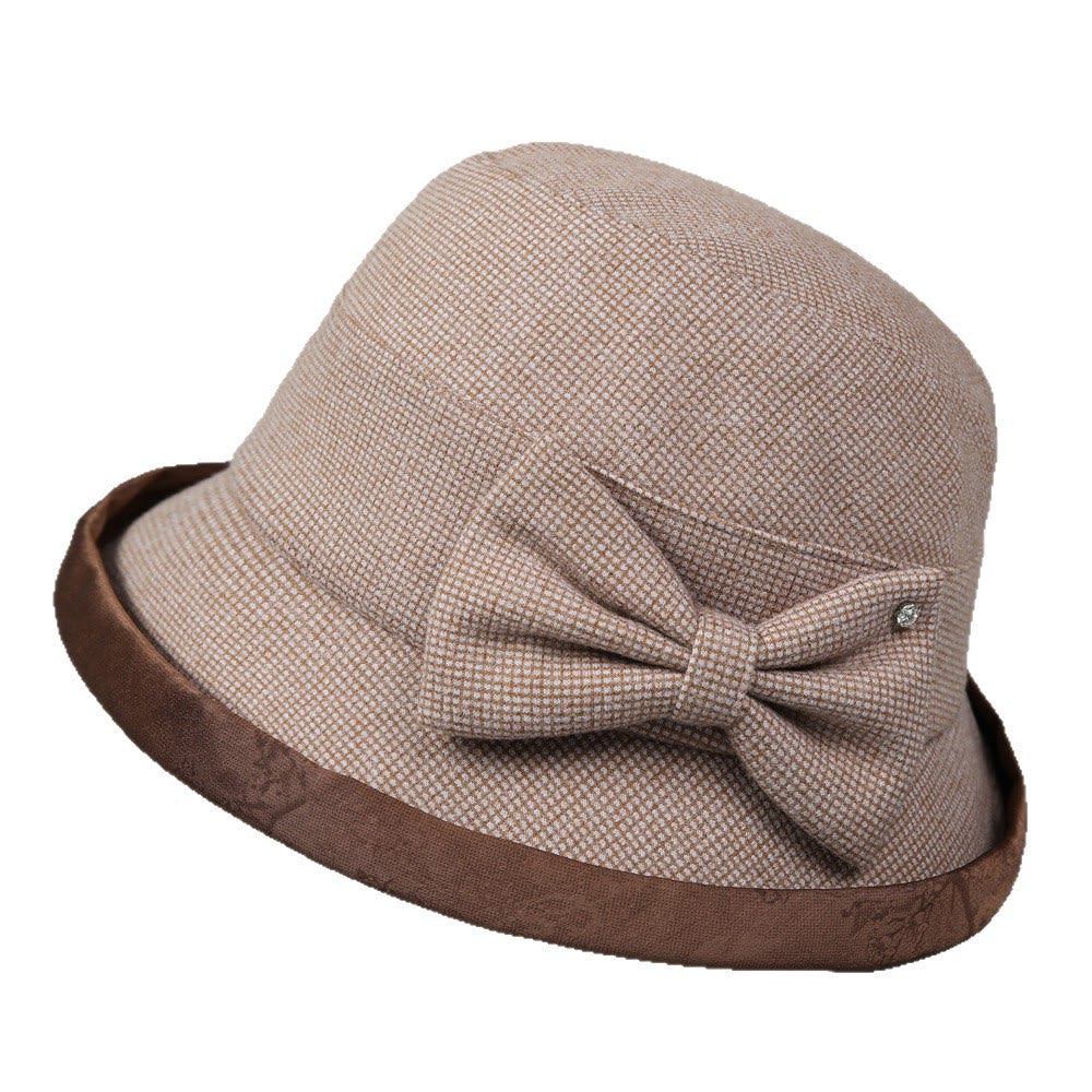 Women's Elegant Plaid Bowknot Rhinestone-trimmed Bucket Hat - Khaki - M (22-22 7/8") - image 0