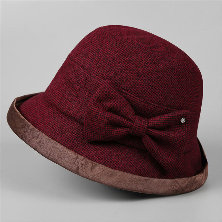 Women's Elegant Plaid Bowknot Rhinestone-trimmed Bucket Hat - Burgundy - M (22-22 7/8") - image 7