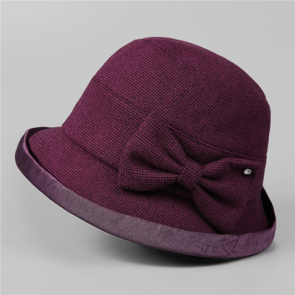 Women's Elegant Plaid Bowknot Rhinestone-trimmed Bucket Hat - Purple - M (22-22 7/8") - image 9