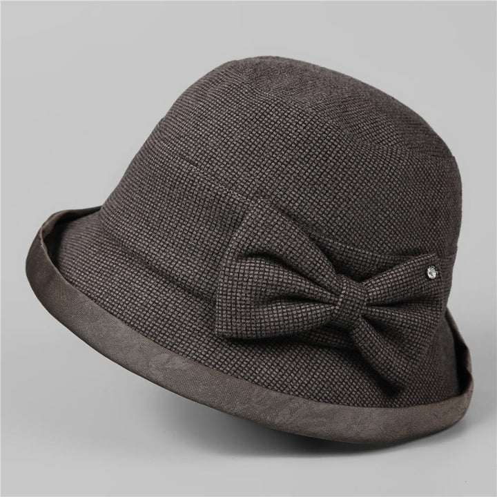 Women's Elegant Plaid Bowknot Rhinestone-trimmed Bucket Hat - Black Gray - M (22-22 7/8") - image 8