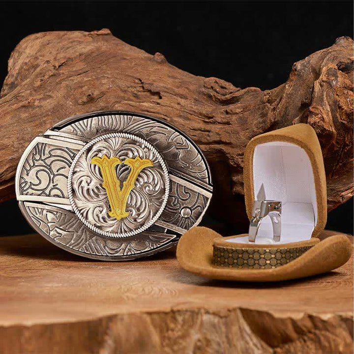 Initial Letter DIY Hidden Knife Belt Buckle Functional Ring Bundle Set - V - Without Belt - image 27