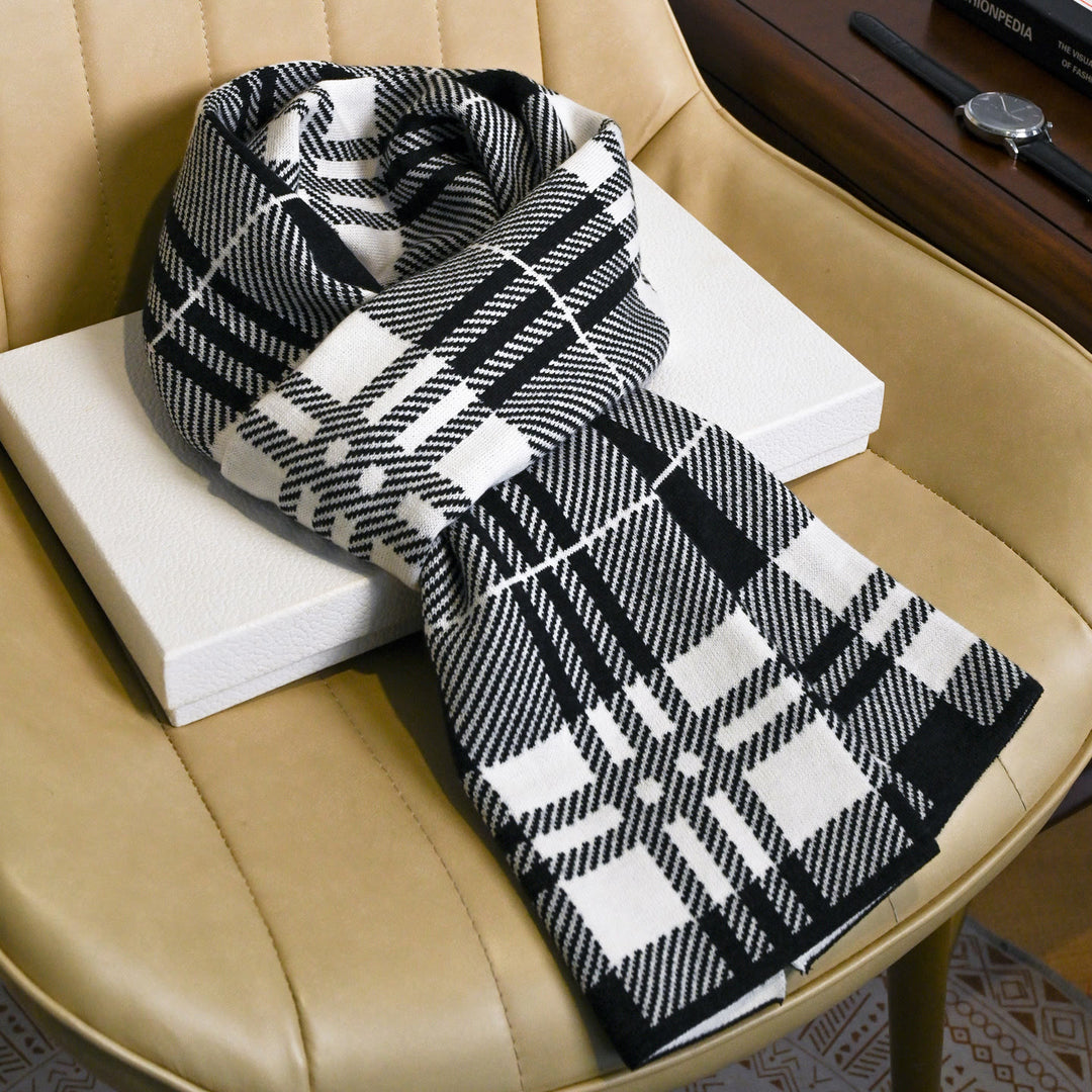 Men's Sleek Textured Plaid Cozy Winter Scarf - Black and White - image 0