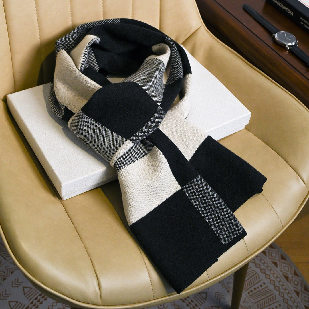 Men's Black-White Plaid Cozy Versatile Winter Scarf - Black and White - image 0