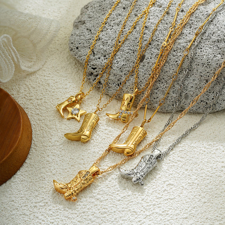 Exquisite Western Golden Cowboy Boot Stars Pendant Necklace - image 2