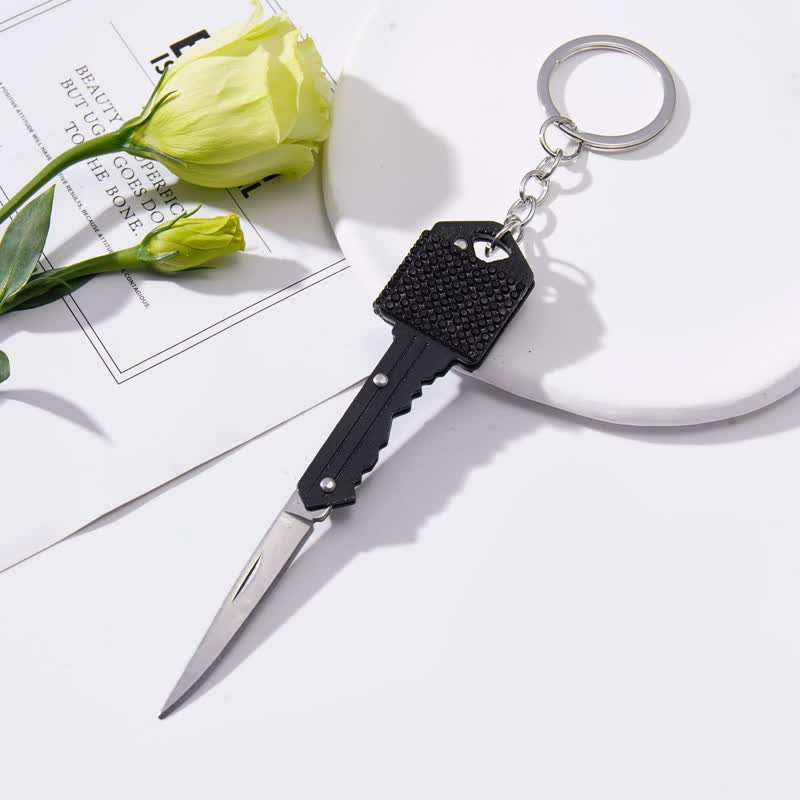 Shining Rhinestones Folding Key-Shaped Knife Keychain - Black - image 2