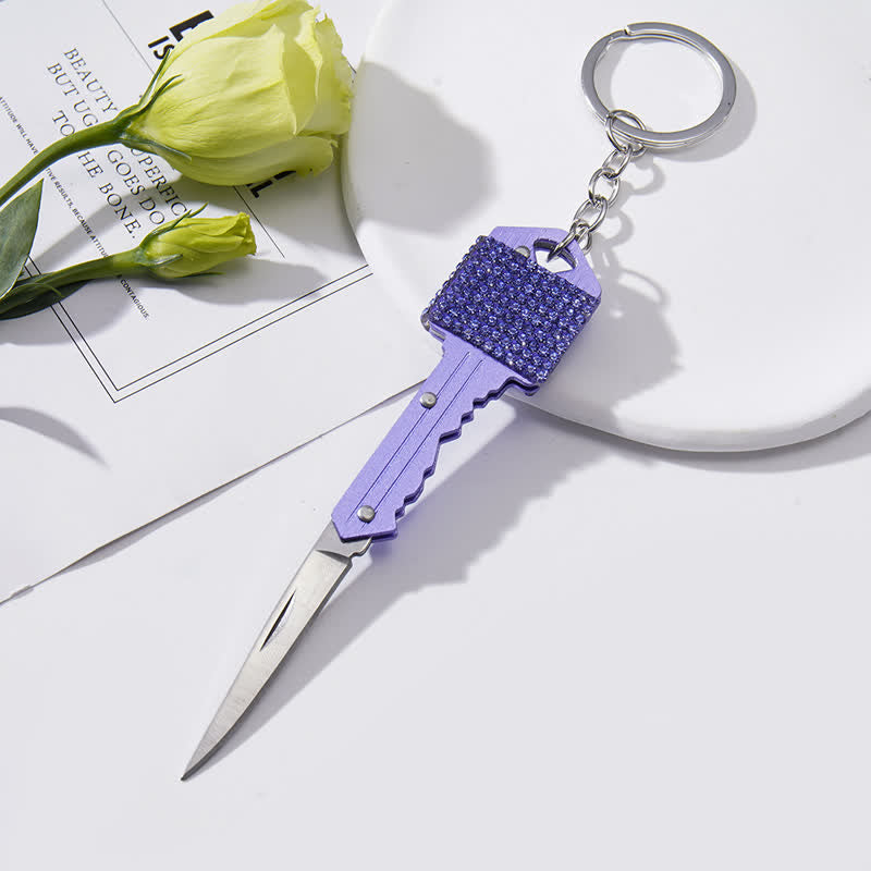 Shining Rhinestones Folding Key-Shaped Knife Keychain - Purple - image 7