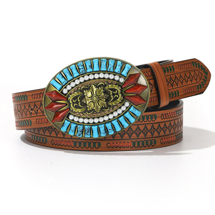 Turquoise Pearl Red Gem Retro Pattern Buckle Floral Embossed Leather Belt - Style #1 - 38 - image 0