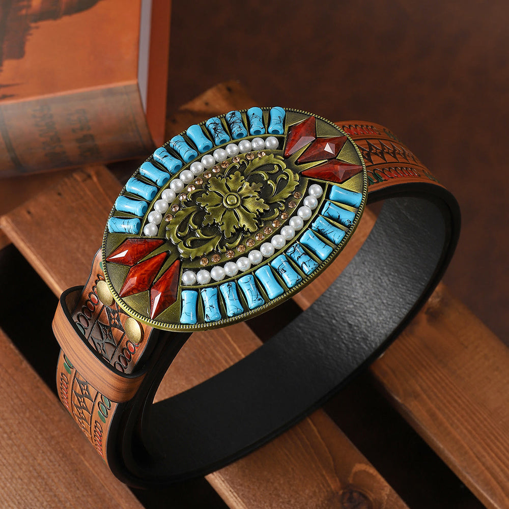 Turquoise Pearl Red Gem Retro Pattern Buckle Floral Embossed Leather Belt - image 1