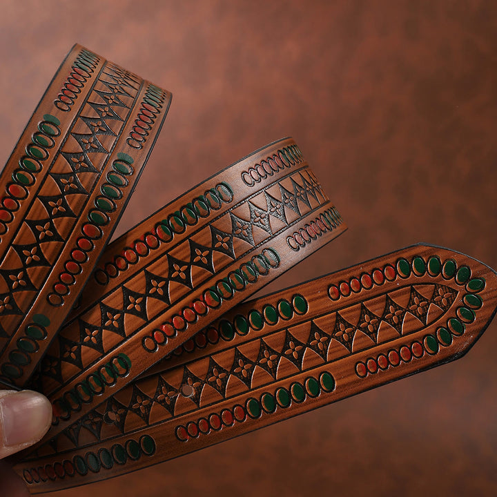 Turquoise Pearl Red Gem Retro Pattern Buckle Floral Embossed Leather Belt - image 3