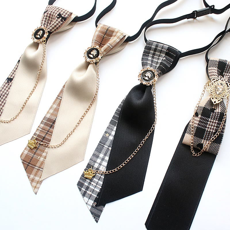 Patchwork Plaid and Solid Fabric Chain Decor Adjustable Necktie - image 0