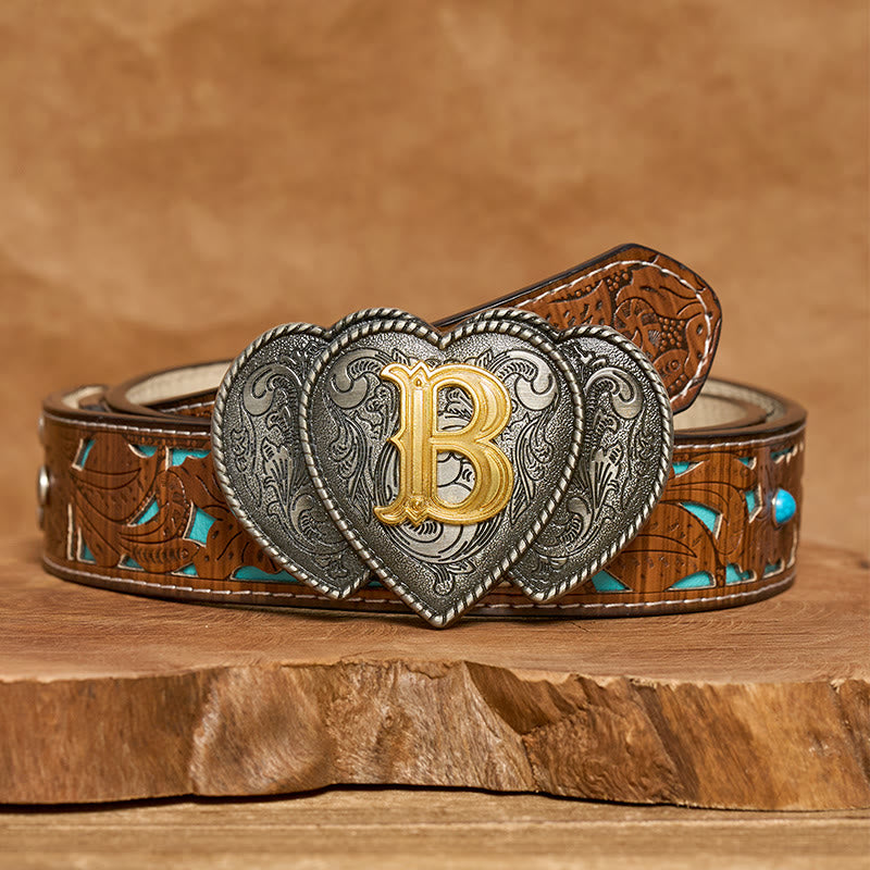 Golden Letter Heart-Shaped Buckle Leather Belt - B - Turquoise Carved Belt - 40 - image 3