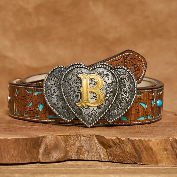 Golden Letter Heart-Shaped Buckle Leather Belt - B - Turquoise Carved Belt - 40 - image 3
