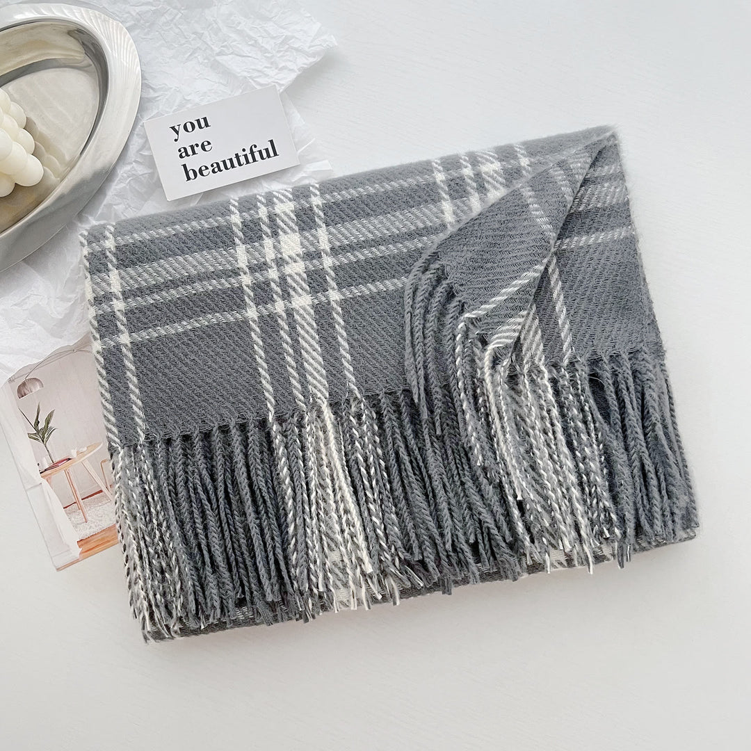 Women's Winter Plaid Fringe Warm Shawl Scarf - Grey - image 9
