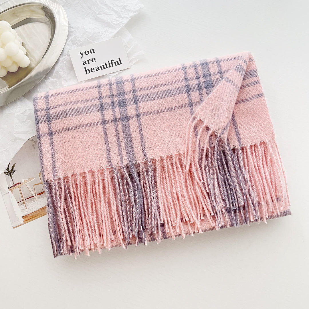 Women's Winter Plaid Fringe Warm Shawl Scarf - Pink - image 5