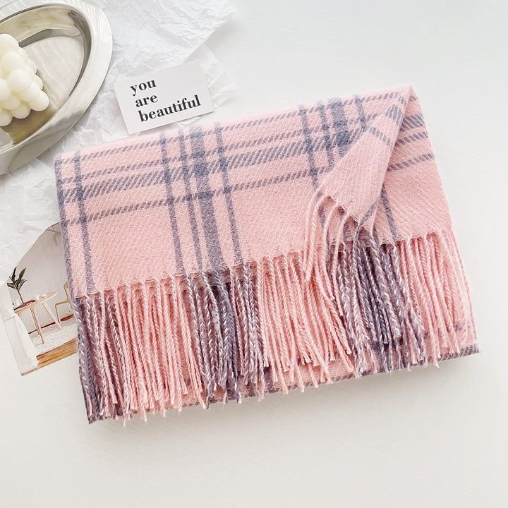 Women's Winter Plaid Fringe Warm Shawl Scarf - Pink - image 5