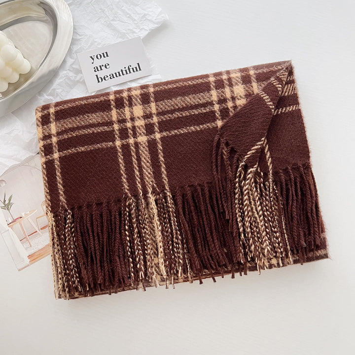Women's Winter Plaid Fringe Warm Shawl Scarf - Coffee - image 8