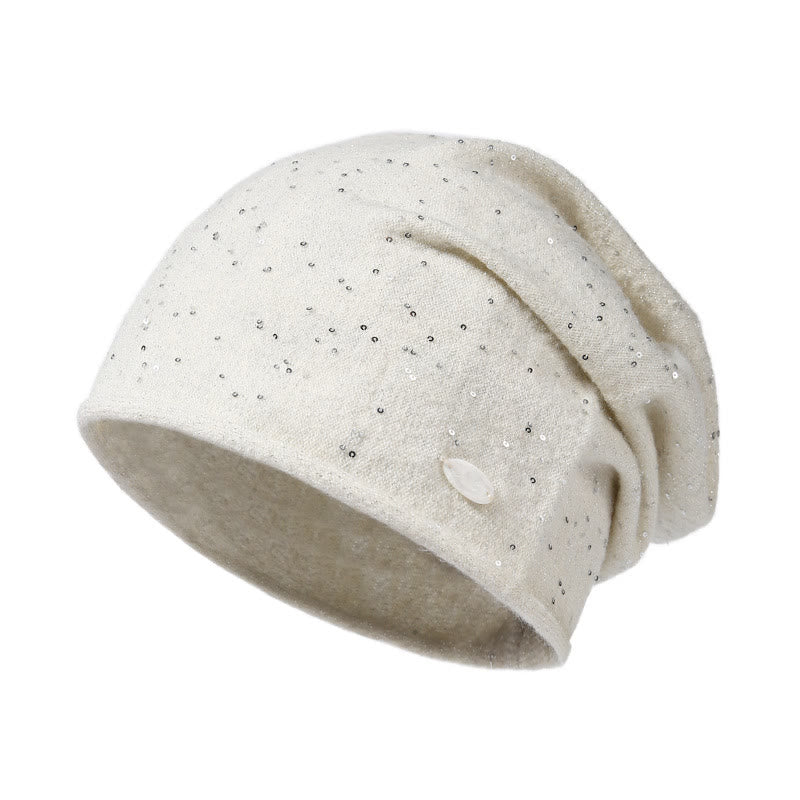 Fashionable Women's Sequin Embellished Knitted Beanie Hat - Beige - Adjustable (About 22"-24 1/2") - image 0